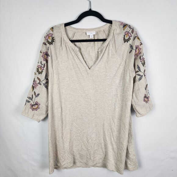 J. Jill Women's Beige Peasant Gauze ¾ Sleeves Embroidered Size Medium Petite - Picture 1 of 6